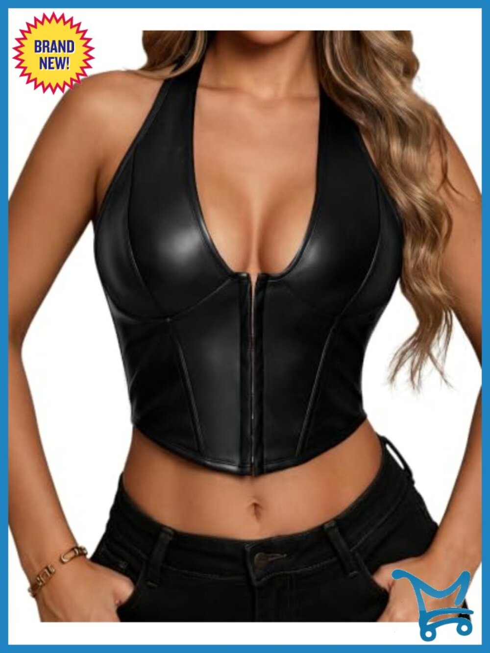 PU Leather Halter Top Y2K Deep V Neck Corset Backless Crop Cami Club Party